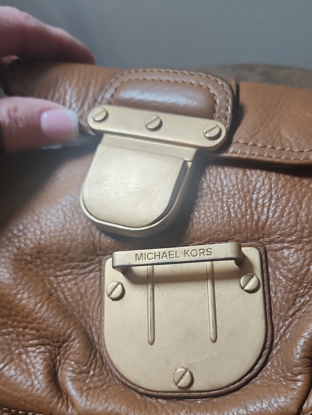 Michael Kors Cognac Pebble Leather Crossbody Copper Gold Hardware Buckle Mini - Picture 13 of 16